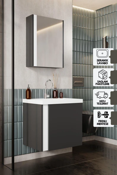 Karen Banyo Kemer 60 Cm, Lavabolu, Aynalı, Banyo Dolabı, Mat Antrasit, Lavabo Dahil ürün görseli 1