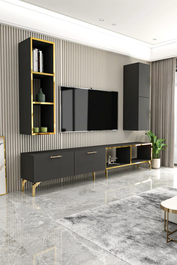 Givayo Mobilya Asna Tv Ünitesi Dolaplı 180 cm Antrasit Altın ürün görseli 1