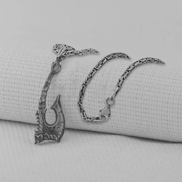 Viking İskandinav Savaşcı Baltası Kral Zincirli Üç Boyutlu 925 Ayar Gümüş Kolye ürün görseli 1