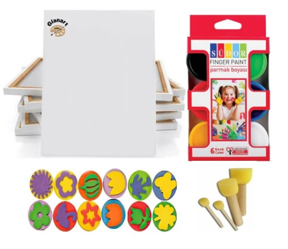 çocuklar için parmak boyası seti 25x35 tuval + pon pon fırçalı baskı kalıplı 23 parçalı set ürün görseli 1
