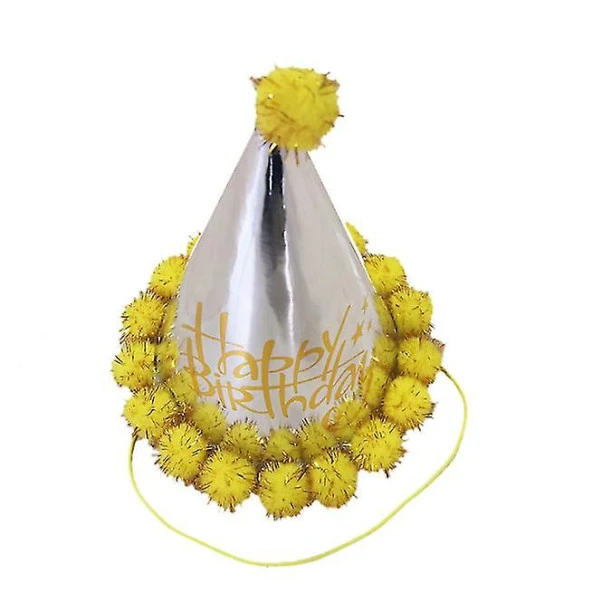 Happy Bırthday Parlak Parti Şapka Sarı Ponponlu 19 cm ürün görseli 1
