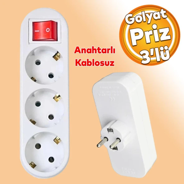 Golyat Anahtarlı Düğmeli 3lü Grup Priz Fiş Priz Topraklı Çoklu Çoğaltıcı Kablosuz ürün görseli 1