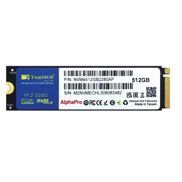 TWINMOS TwinMOS NVMe512GB2280AP, AlphaPro, 512GB, M.2  PCIe NVMe, Gen3, SSD, 3600-3250Mb/s, TLC 3DNAND ürün görseli 1