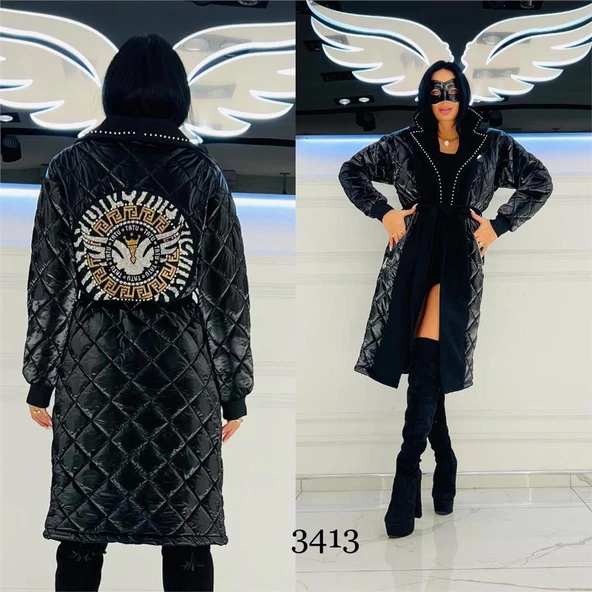 Sırtı Kanat Desen Crystal Taşlı Uzun Kaban - SİYAH GÜMÜŞ ürün görseli 1