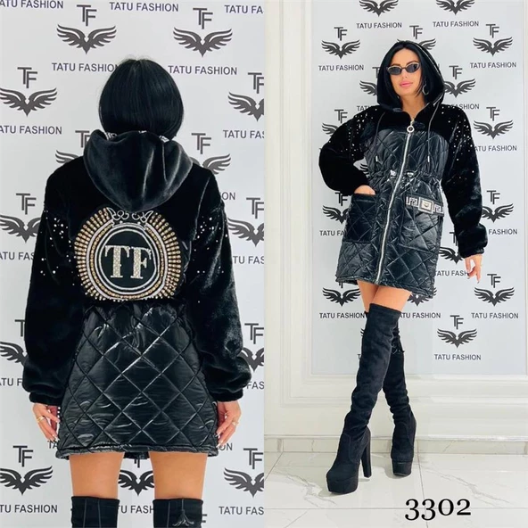 Yarı Peluş Crystal Taşlı Şişme Kaban - SİYAH GÜMÜŞ ürün görseli 1