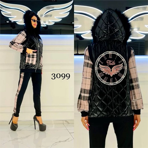 Sırt Kanat Detay Kürklü Yelekli Crystal Taşlı Üçlü Takım - PUDRA ürün görseli 1