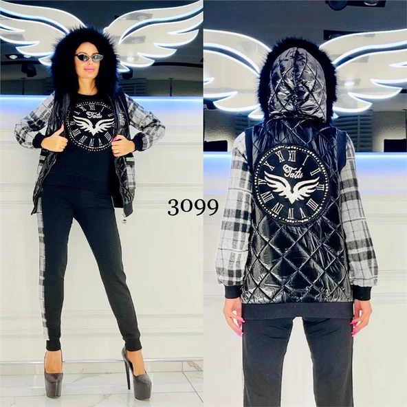 Sırt Kanat Detay Kürklü Yelekli Crystal Taşlı Üçlü Takım - GRİ ürün görseli 1