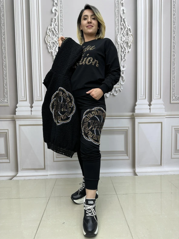 Tatu Yelekli Crystal Taşlı Üçlü Takım - SİYAH GOLD ürün görseli 1