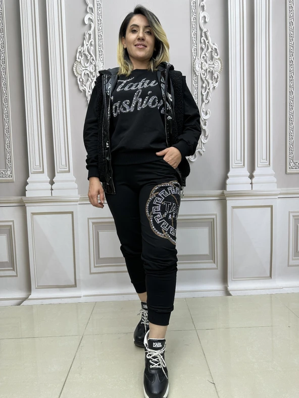 Tatu Yelekli Crystal Taşlı Üçlü Takım - SİYAH GÜMÜŞ ürün görseli 1