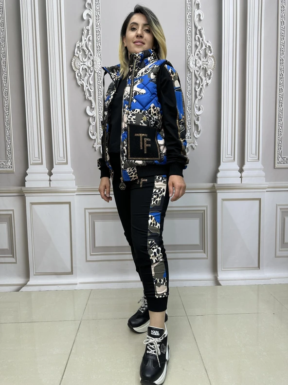 Yelek Zincir Detay Şişme Yelekli Crystal Taşlı Üçlü Takım - MAVİ ürün görseli 1