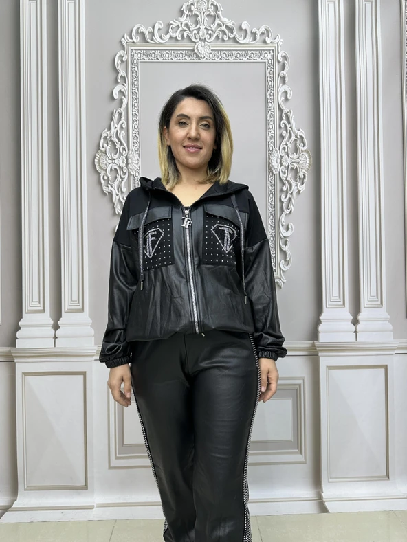 Tf Deri Crystal Taşlı Eşofman Takımı - SİYAH GÜMÜŞ ürün görseli 1
