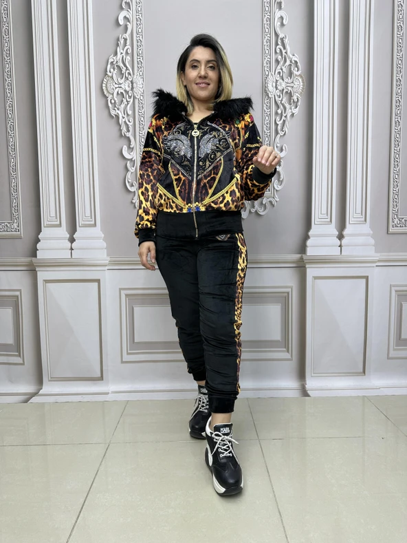 Leopar Desen Kürklü Crystal Taşlı Kadife Eşofman Takımı - KAHVE ürün görseli 1