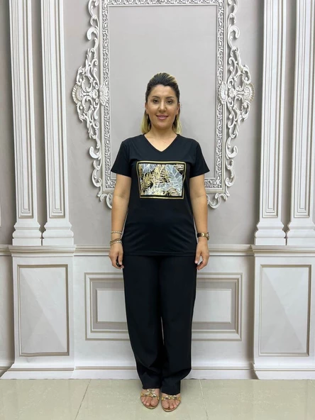 Çerçeveli Yaprak Tshirt - SİYAH ürün görseli 1
