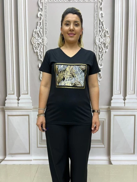 Çerçeveli Yaprak Tshirt - SİYAH - Resim 2