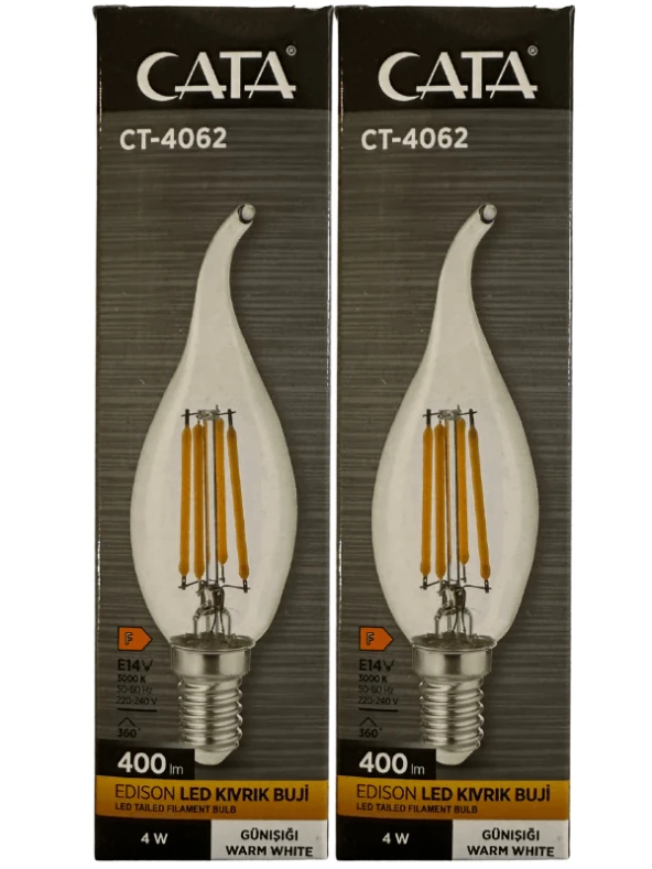 Cata CT-4062 4W 3000K (Günışığı) E14 Duylu Led Kıvrık Buji (2 Adet) ürün görseli 1