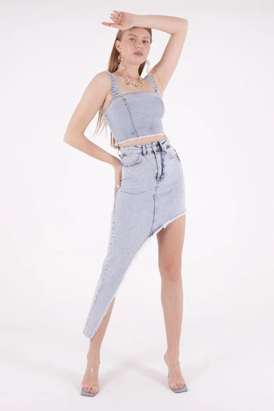 Püsküllü ve Çapraz Kesim Detaylı Cepli Astarsız Normal Belli Kadın Kot Etek Orta Mavi Denim Yaz ürün görseli 1