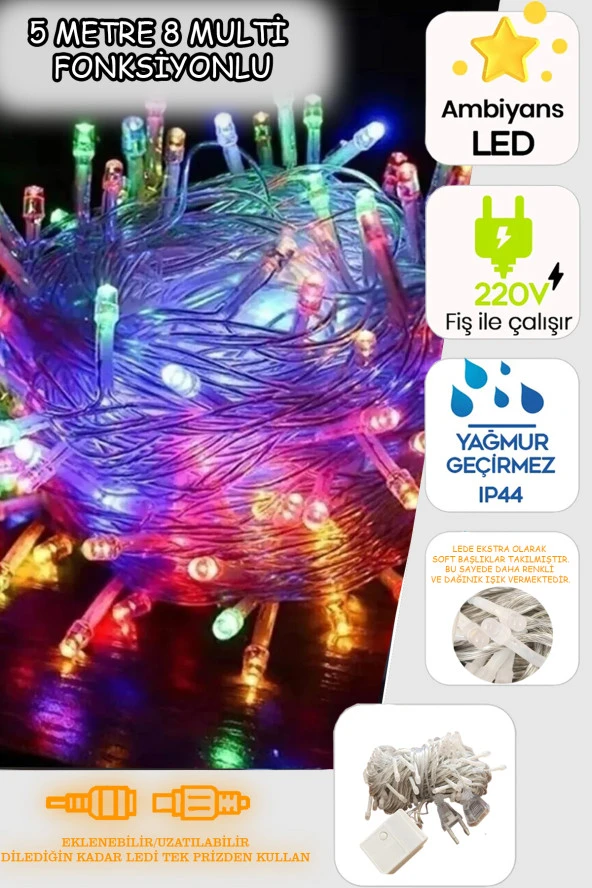 Yeni Nesil EKLENEBİLİR 40 Ledli 5 Metre Soft Led RGB 8 Farklı Fonksiyonlu Fişli Led ürün görseli 1