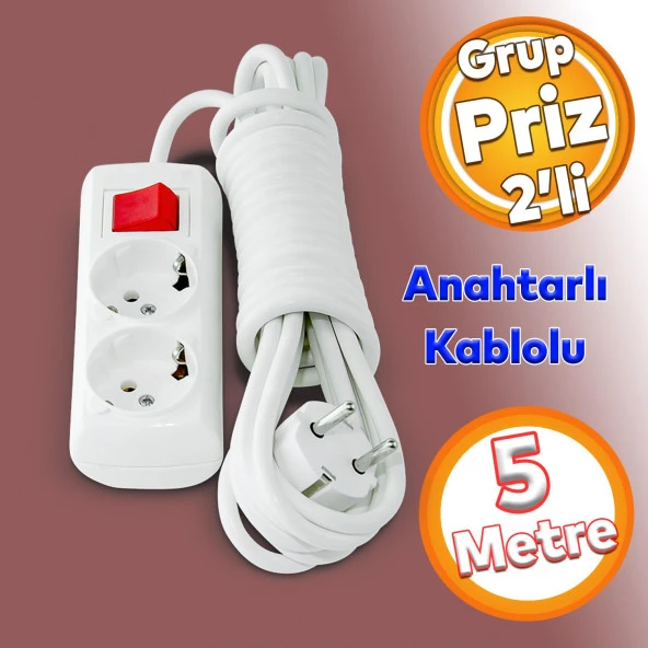 Topraklı Anahtarlı Düğmeli Çoklu 5 Metre Kablolu 2li Grup Priz Fiş Çoğaltıcı Asmalı Uzatma ürün görseli 1