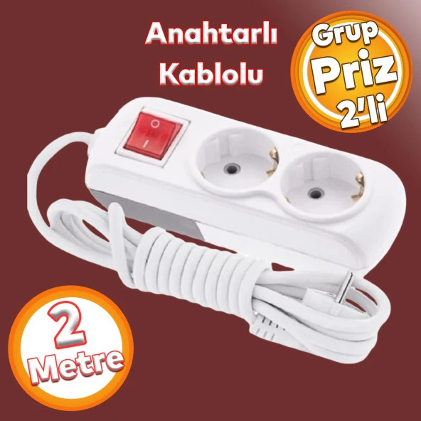 Grup Priz Fiş Çoğaltıcı 2 Metre Topraklı Anahtarlı Düğmeli Çoklu Kablolu 2li Asmalı Uzatma ürün görseli 1