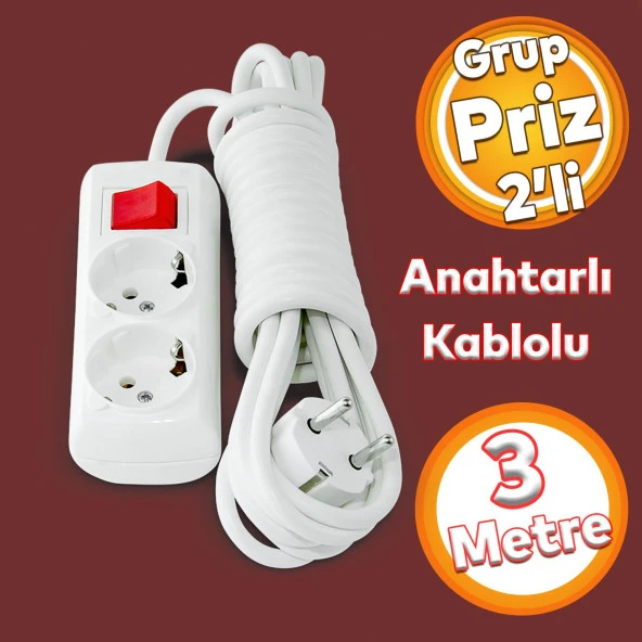 Grup Priz Fiş Çoğaltıcı 3 Metre Topraklı Anahtarlı Düğmeli Çoklu Kablolu 2li Asmalı Uzatma ürün görseli 1