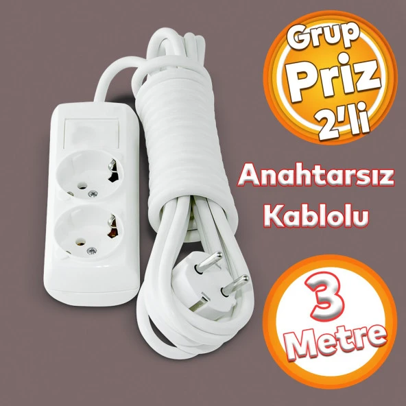 Topraklı Grup Priz Fiş Çoğaltıcı 3 Metre Çoklu Kablolu 2li Asmalı Uzatma Kablosu Anahtarsız ürün görseli 1