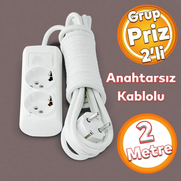 Kablolu 2li Topraklı Grup Priz Fiş Çoğaltıcı 2 Metre Çoklu Asmalı Uzatma Kablosu Anahtarsız ürün görseli 1