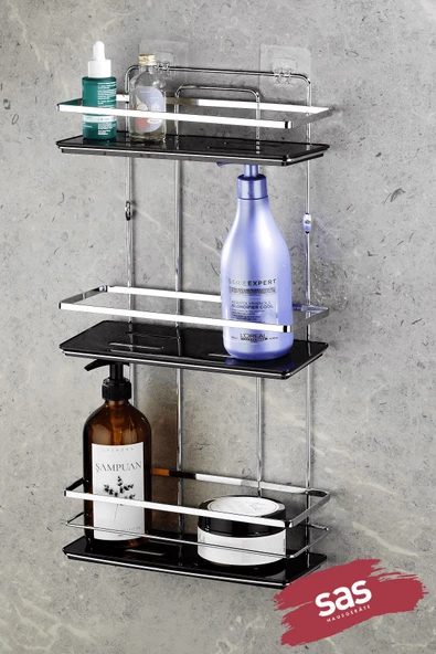 Yapışkanlı Asla Paslanmaz Kristal Ayarlanabilir Raf Banyo Düzenleyici Şampuanlık Krom Siyah LŞ-03 KS ürün görseli 1