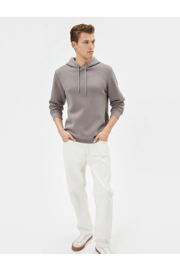 Basic Kapşonlu Sweatshirt Uzun Kollu Ribanalı ürün görseli 1