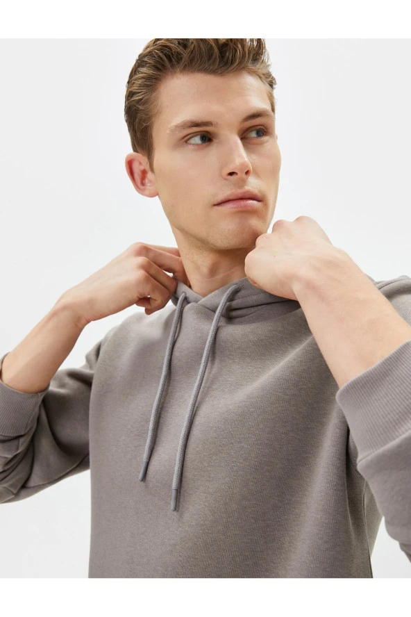 Basic Kapşonlu Sweatshirt Uzun Kollu Ribanalı - Resim 2