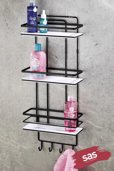 Yapışkanlı Ömür Boyu Paslanmaz Kristal Raflı Banyo Düzenleyici Şampuanlık Siyah - Beyaz LŞ-03 SBSK ürün görseli 1