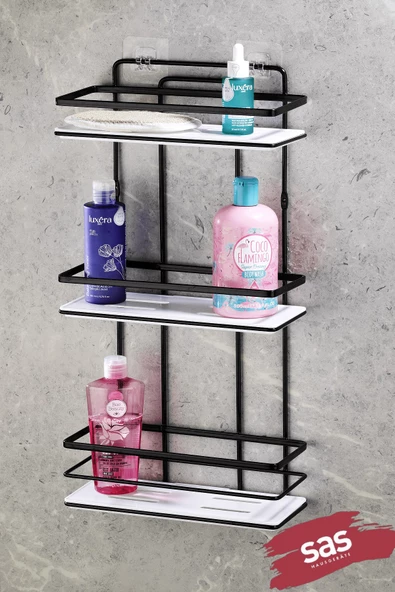 Yapışkanlı Paslanmaz Kristal Ayarlanabilir Raf Banyo Düzenleyici Şampuanlık Siyah ürün görseli 1