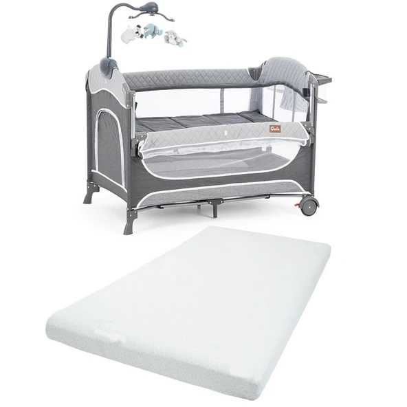 Gulz Atlas Plus Anne Yanı Sallanır Cibinlikli Dönenceli Oyun Parkı Bebek Beşik 70X110 Cm + Yataklı Dark Grey ürün görseli 1