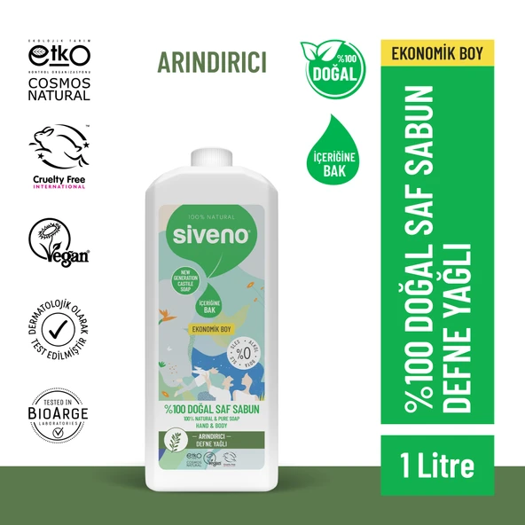 Siveno 100 Doğal Sıvı Kastil Sabun Defne Yağlı Yoğun Nemlendirici Arındırıcı Bitkisel Vegan 1000 ml ürün görseli 1