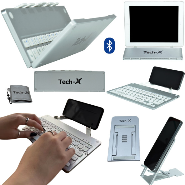 Tech-X Win/iOS/Android Uyumlu Katlanabilir Bluetooth Klavye Telefon Tutucu Kılıf Hediyeli ürün görseli 1