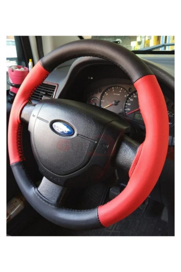 Dikmeli Deri Direksiyon Kılıfı Iki Renkli Kırmızı Siyah Soft Esnek Kokusuz Standart 38cm ürün görseli 1