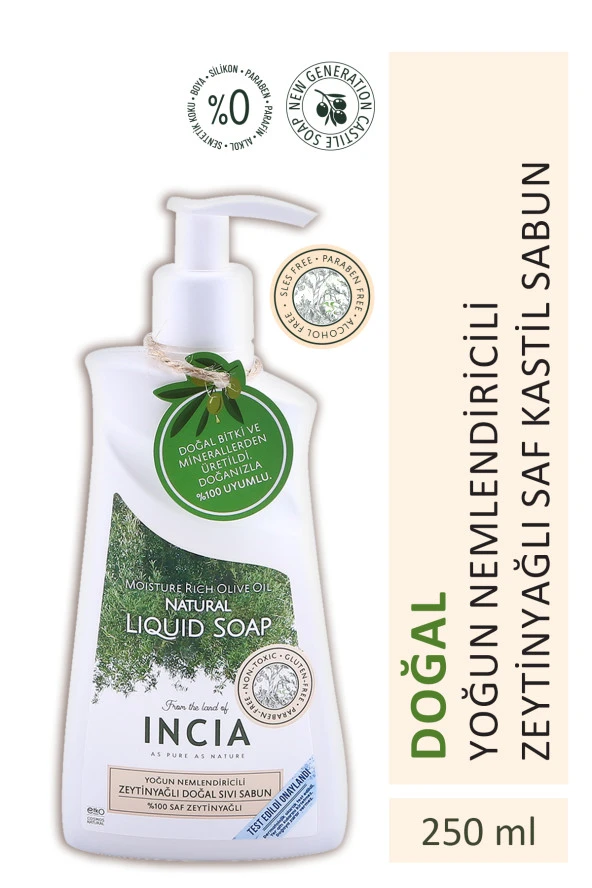 INCIA %100 Doğal Sıvı Kastil Sabunu Yoğun Nemlendirici Zeytinyağlı 10 Bitkisel Değerli Yağ Vegan 250 ml ürün görseli 1