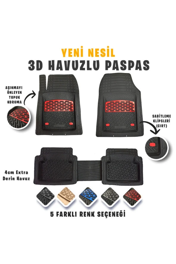 Opel Corsa 2008 Model 3d Havuzlu Paspas Kırmızı Krom Kaplama ürün görseli 1