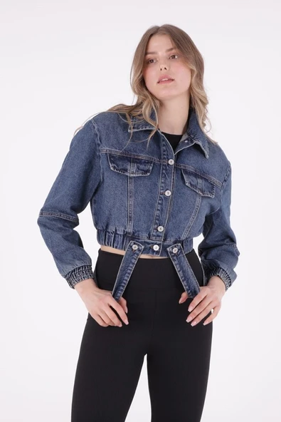 Önü Dekoratif Cepli ve Kolları Lastikli Uzun Kollu Kısa Boy Kot Kadın Ceket Koyu Mavi Denim ürün görseli 1