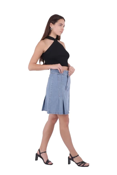 Pileli ve Çan Modelli Cepsiz Astarsız Kadın Kısa Kot Etek Durulanmış Mavi Denim Yaz / Bahar  ürün görseli 1