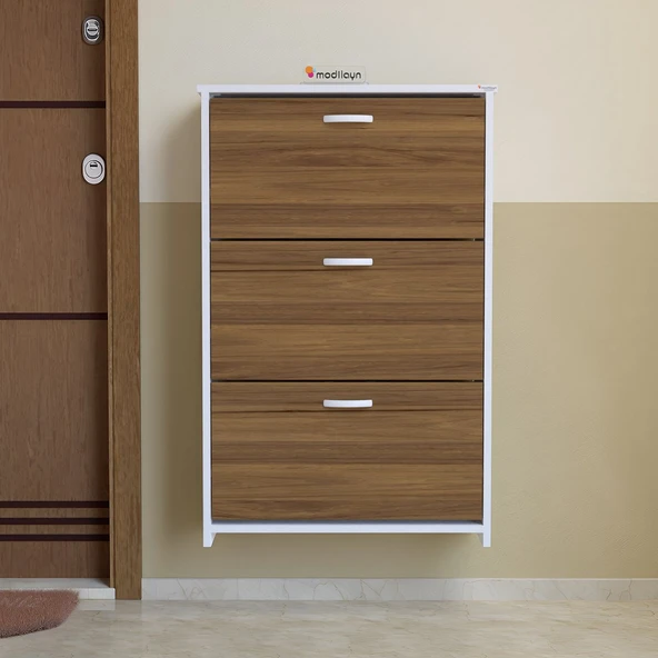 Modilayn MİHRA 72 X 112 X 25,5 cm Düşer Kapaklı 3 Katlı Ayakkabılık -Ceviz ürün görseli 1