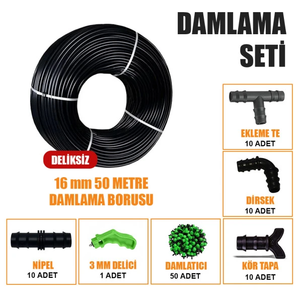 50 METRE DAMLA SULAMA SİSTEMİ DAMLAMA BORUSU VE EK PARÇALARI BAHÇE AĞAÇ FİDAN SEBZE SULAMA EKİPMANLARI DAMLAMA HORTUMU ürün görseli 1