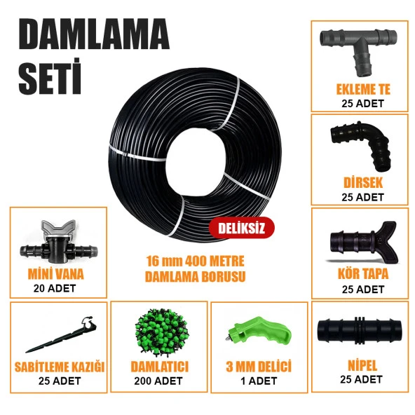 400 METRE DAMLA SULAMA SİSTEMİ SETİ DAMLAMA HORTUMU VE EK PARÇALARI BAHÇE AĞAÇ FİDAN SEBZE SULAMA EKİPMANLARI DAMLAMA BORUSU ürün görseli 1