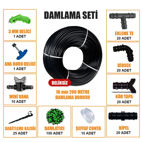 DAMLA SULAMA SETİ 200 METRE DAMLAMA HORTUMU VE EK PARÇALARI BAHÇE AĞAÇ FİDAN SEBZE SULAMA EKİPMANLARI DAMLAMA BORUSU SİSTEMİ ürün görseli 1