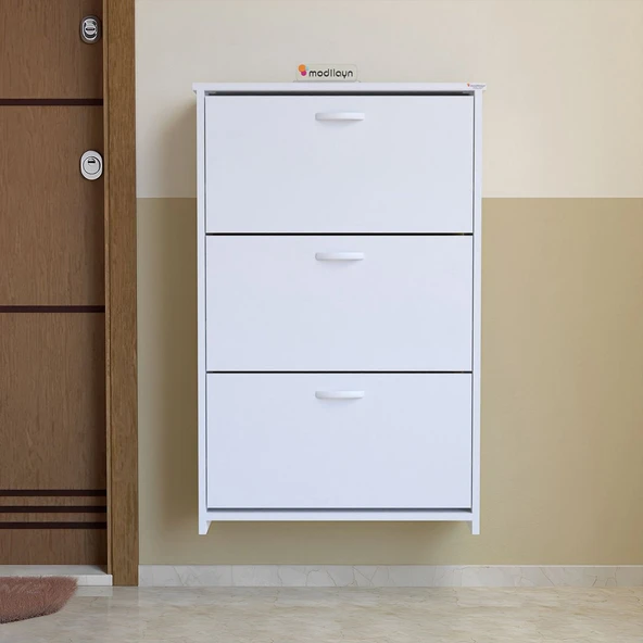 Modilayn MİHRA 72 X 112 X 25,5 cm Düşer Kapaklı 3 Katlı Ayakkabılık -Beyaz ürün görseli 1