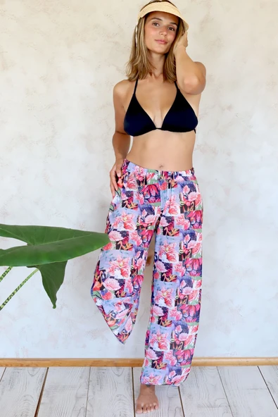 Plaj Pantalon Pareo Yazlık Kapalı Yırtmaçlı Lastikli Şifon Tül Kumaş L-XL Yüksek Bel Kolaj Kırmızı ürün görseli 1