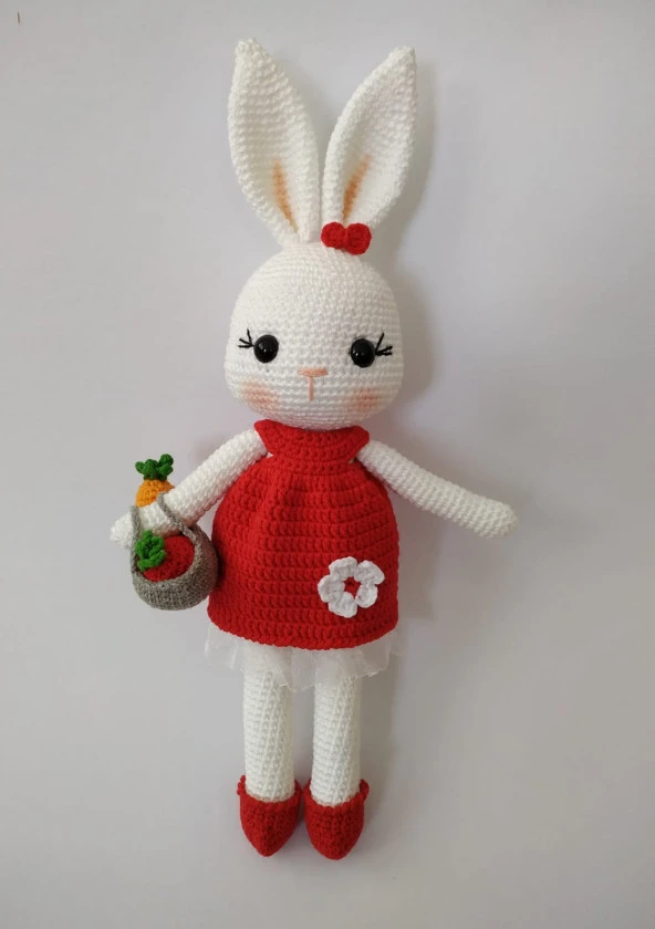 Kırmızı Sepetli Şirin Tavşan Uyku Arkadaşı Amigurumi Organik Oyuncak ürün görseli 1