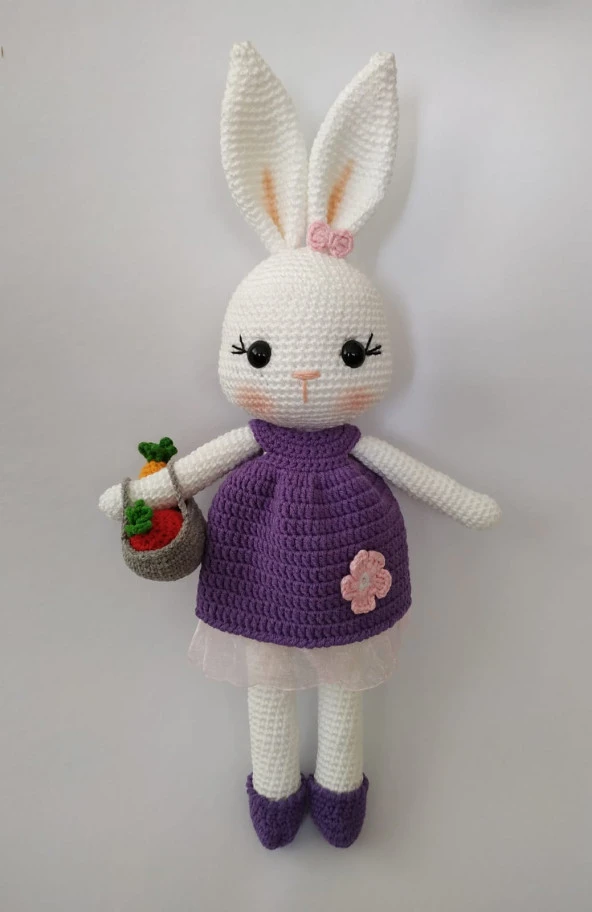 Mor Sepetli Şirin Tavşan Uyku Arkadaşı Amigurumi Organik Oyuncak ürün görseli 1