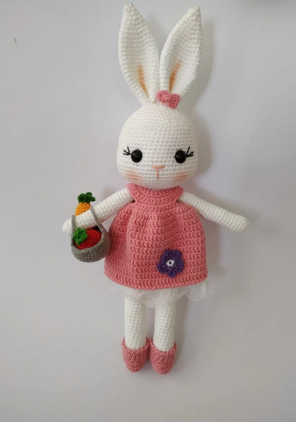 Pembe Sepetli Şirin Tavşan Uyku Arkadaşı Amigurumi Organik Oyuncak ürün görseli 1