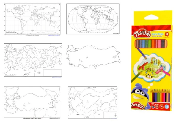 dilsiz dünya ve dilsiz türkiye haritası boyama seti a4 boy +kuru boya ürün görseli 1