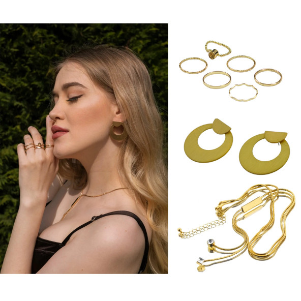 Altın Renk Üçlü Takı Set1  (Parlak Taşlı Kolye 42cm,6'lı Eklem Yüzük Set,Metal Halka Küpe 3,5cm) ürün görseli 1